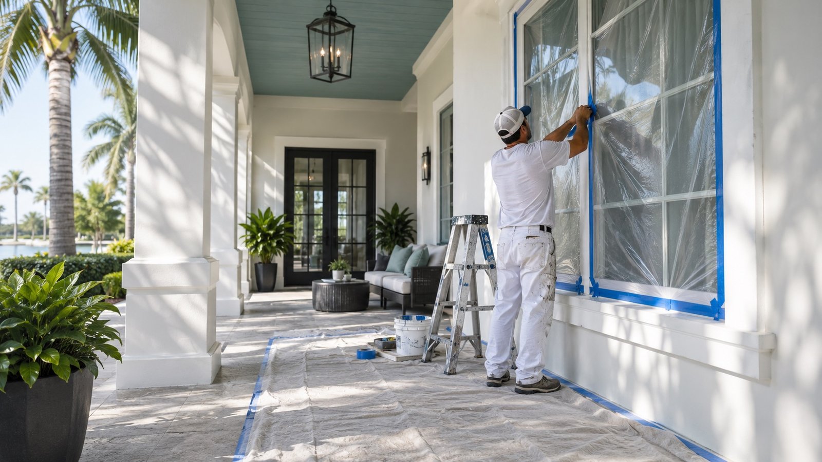 Painting process: careful protection around a porch window before painting
